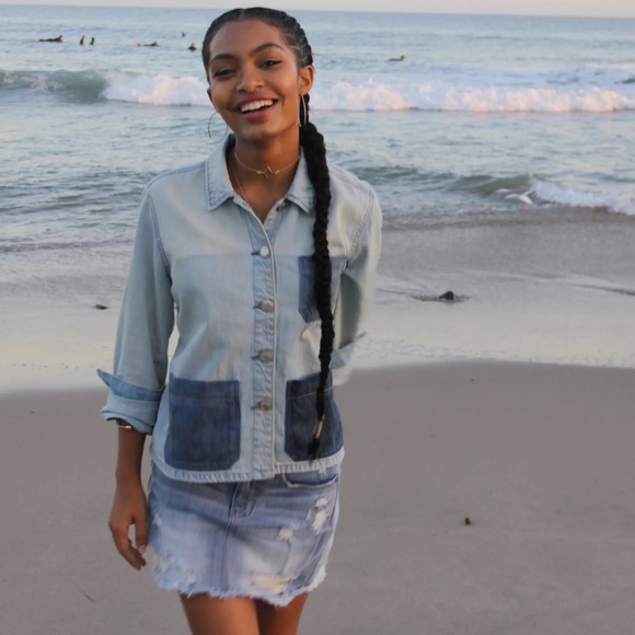 NWT American Eagle Colorblock Chambray Shirt Jacket - Picture 1 of 11